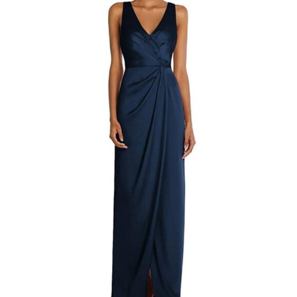 After Six Dresses & Skirts - After Six Midnight Navy Blue Sleeveless Satin Faux Wrap Gown